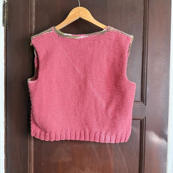 80s Vintage Hand Knit Pink Square Neck Sweater vest | Size Large / Extra Large - Picture 3 of 4